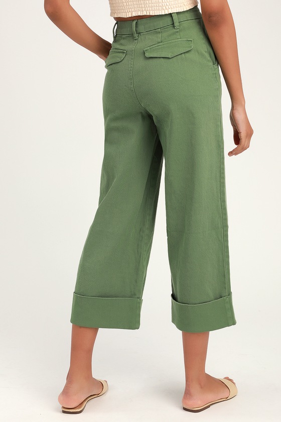 Cute Olive Green Pants - Denim Cropped Pants - Wide-Leg Pants