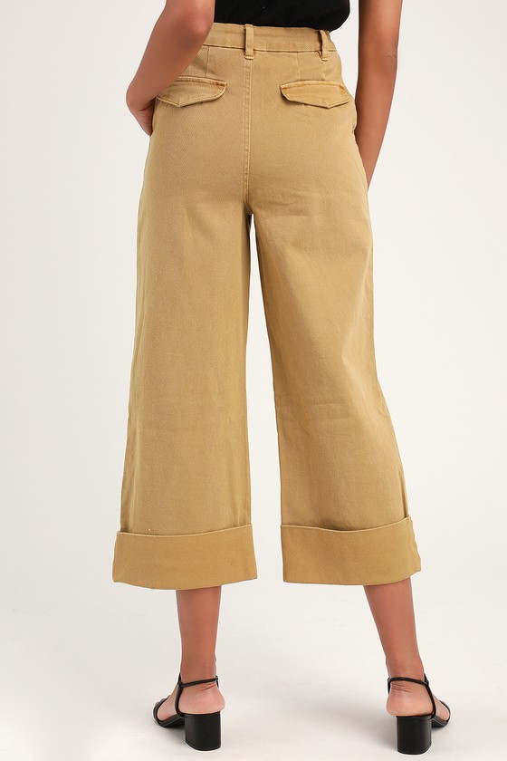 Cute Camel Pants - Denim Cropped Pants - Wide-Leg Pants