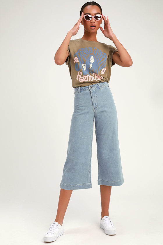 Kameron Light Blue Denim Wide-Leg Crop Pants 1