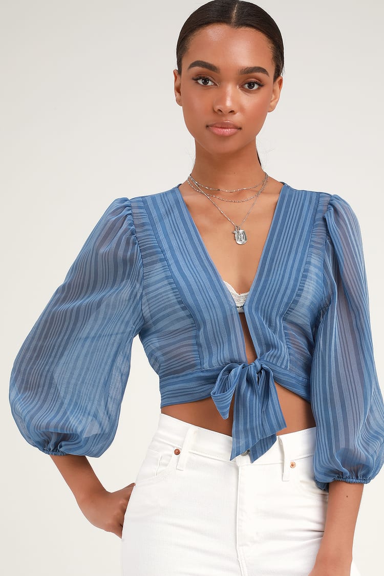 In the Breeze Blue Sheer Long Sleeve Tie-Front Top