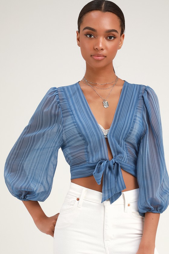 royal blue long sleeve tie front top