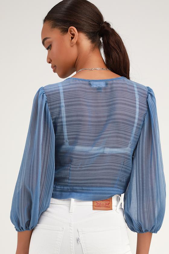 In the Breeze Blue Sheer Long Sleeve Tie-Front Top 2