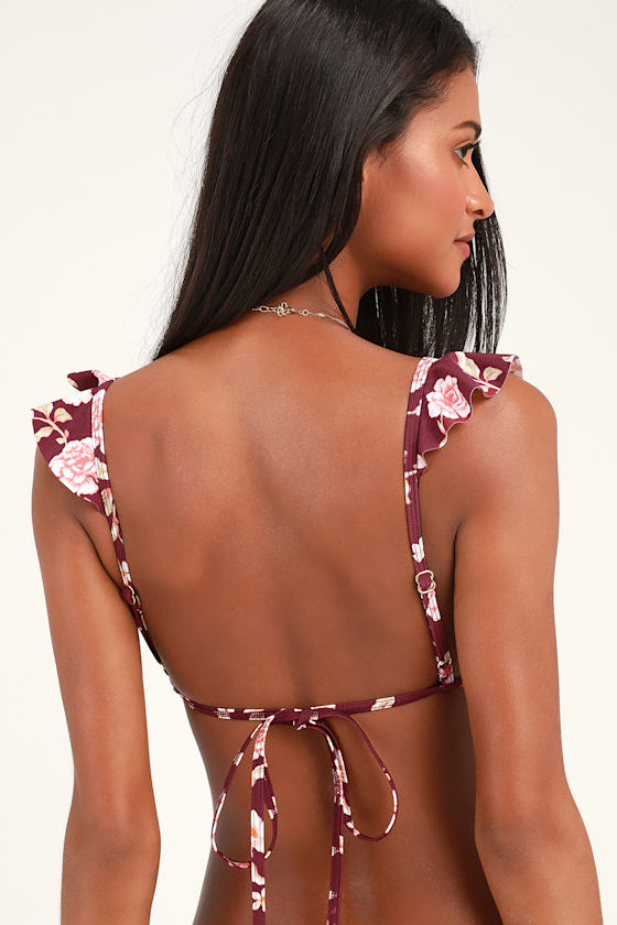 Rhapsody Flounce Burgundy Floral Print Bikini Top 8