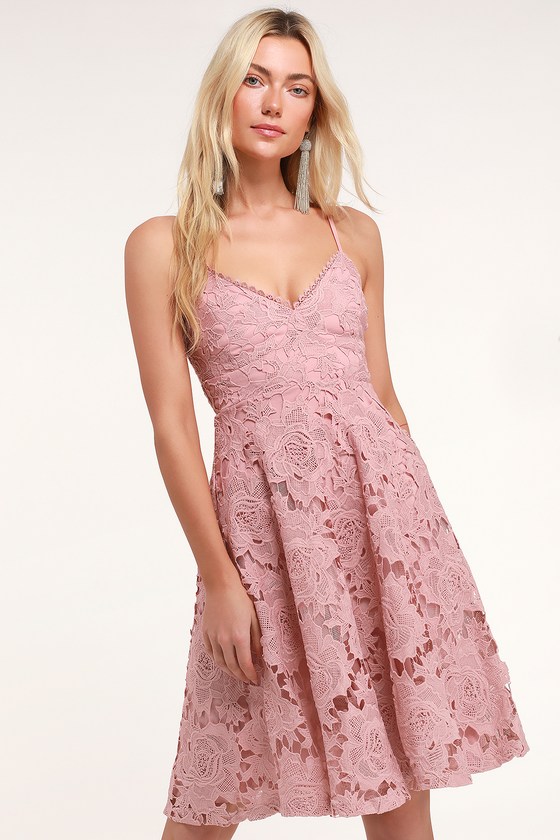 Pink Dress - Floral Guipure Lace Dress - Dusty Rose Midi Dress - Lulus