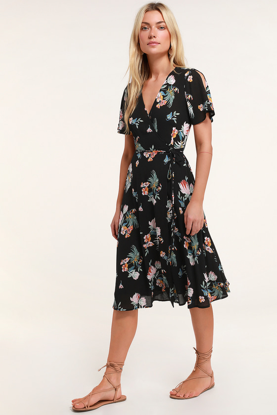 Lovely Black Tropical Print Dress - Wrap Dress - Wrap Midi Dress - Lulus