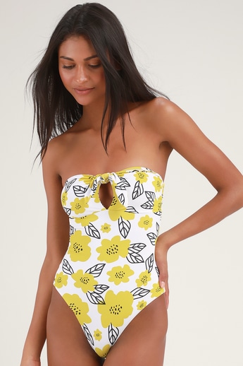 Sunflower White Floral Print Strapless One-Piece Swimsuit