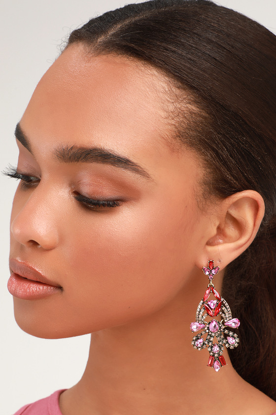 Glam Rhinestone Earrings - Pink Earrings - Chandelier Earrings - Lulus