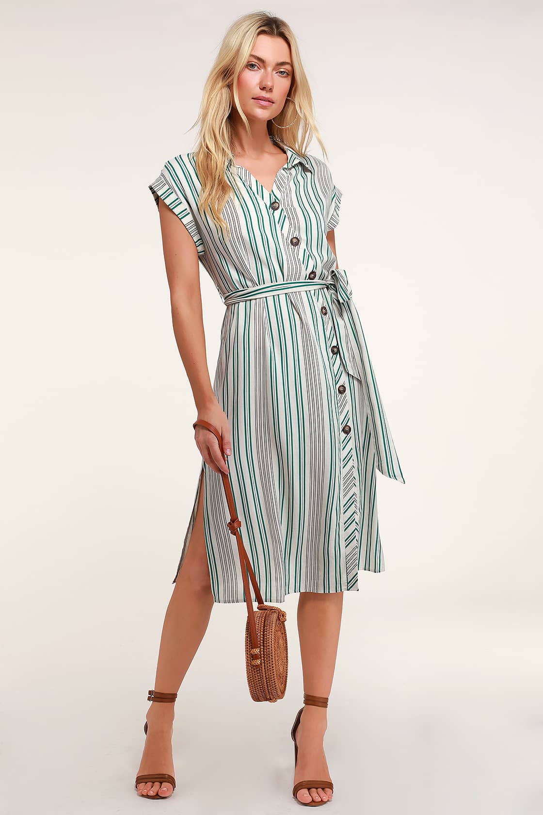 Green And White Striped Shirt Dress 2026.Cute Striped Shirt Dress - Striped Midi Dress - Midi Shirt Dress - Lulus