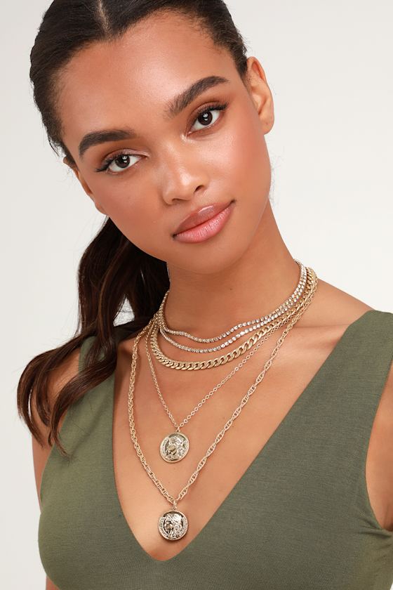 Beatrice Gold Rhinestone Layered Coin Necklace 3