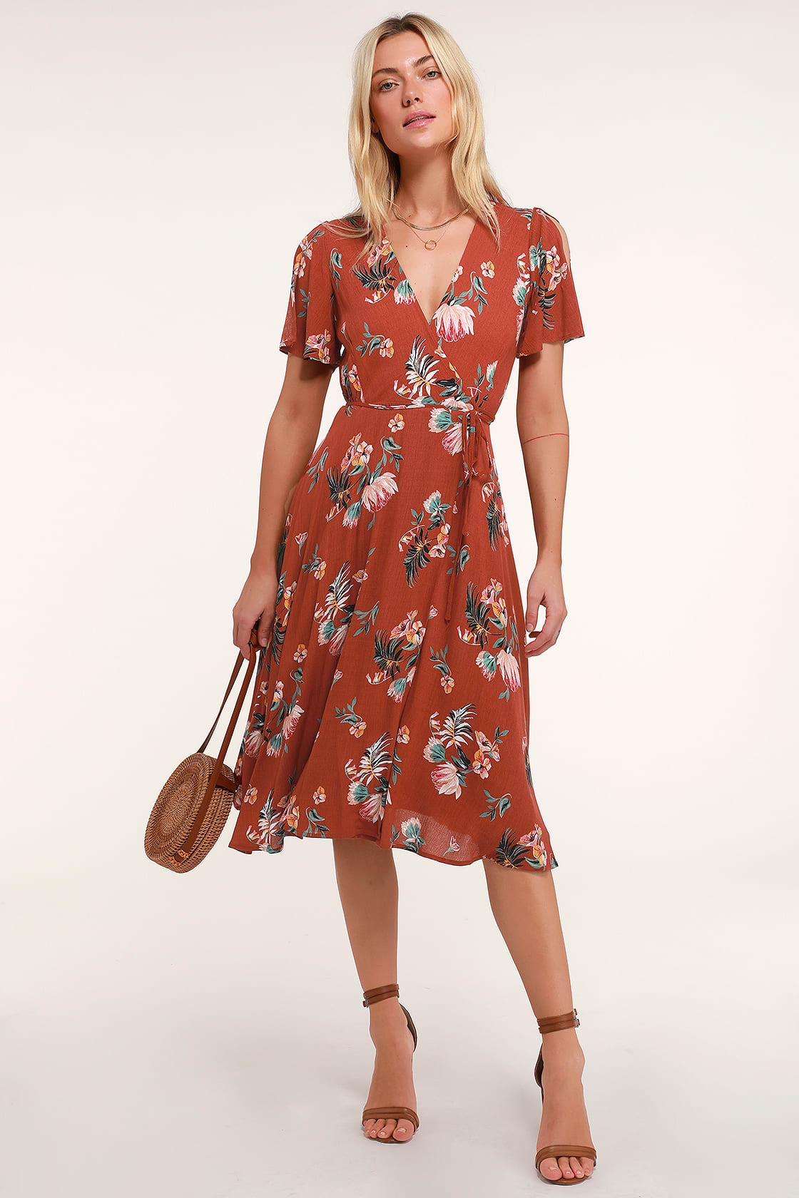 Jet Set For Sun Rust Red Tropical Print Wrap Midi Dress