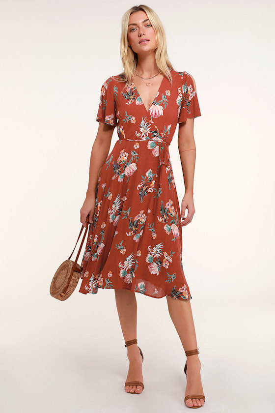 Jet Set For Sun Rust Red Tropical Print Wrap Midi Dress 2