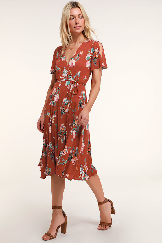 Jet Set For Sun Rust Red Tropical Print Wrap Midi Dress 3
