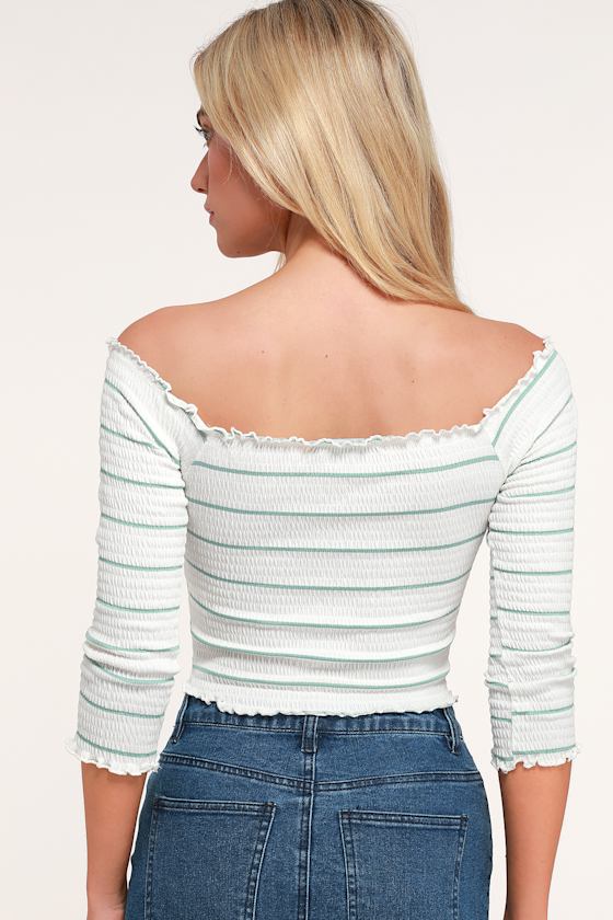 Sincerely Ivory and Sage Blue Striped Smocked Crop Top 1