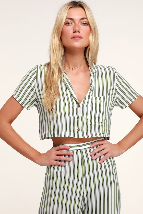 Uma Green Striped Button-Up Crop Top 2