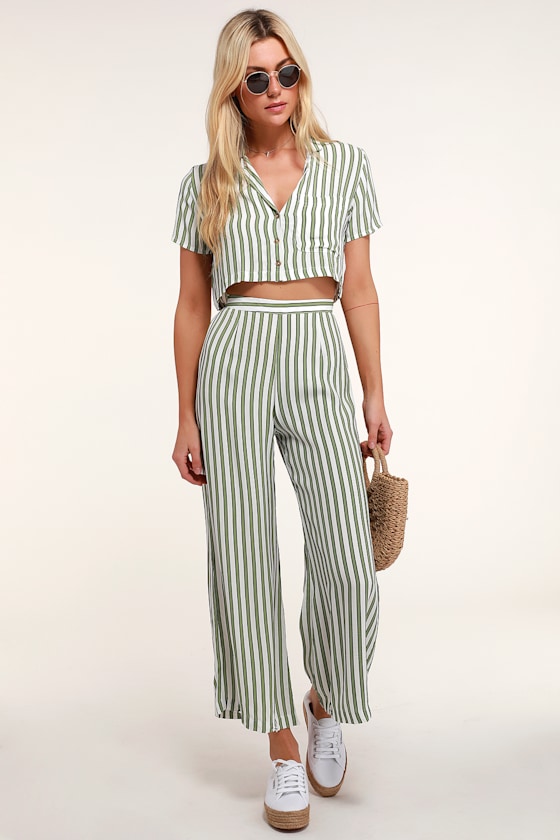Uma Green Striped Button-Up Crop Top 1