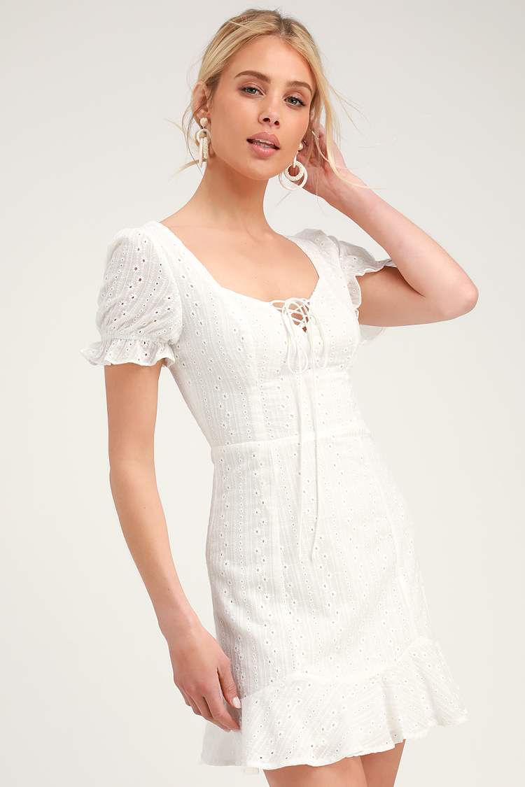 knee length dresses for ladies x BELLA HADID Farm Eyelet Mini Dress