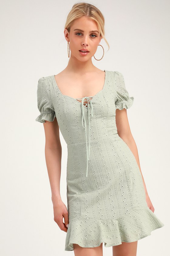 Cute Eyelet Lace Dress Sweetheart Neck Mini Dress Green Dress Lulus 