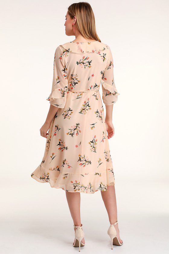 blush floral pleated ruffle midi dress