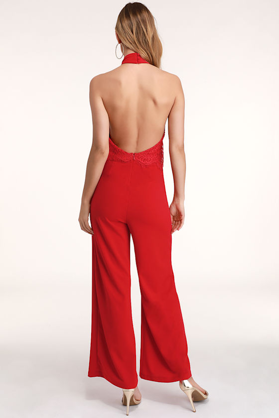 Bethanie Red Lace Halter Jumpsuit 5