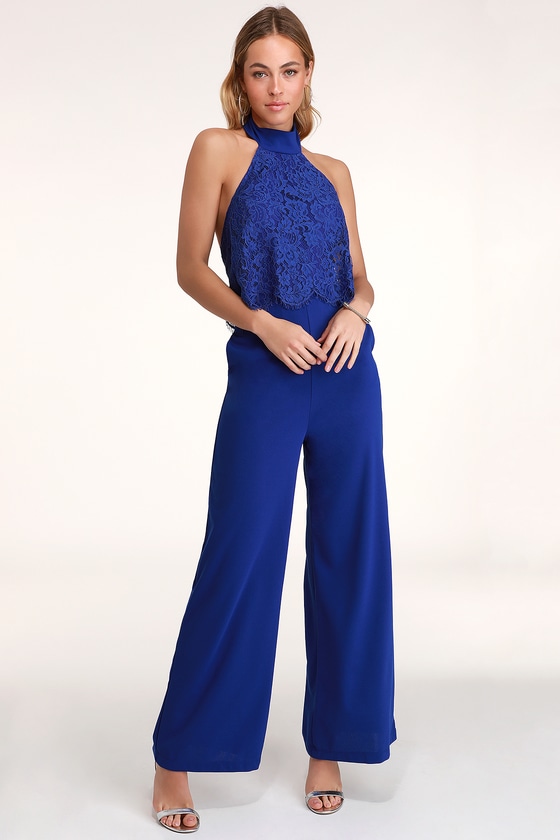 Cute Blue Lace Jumpsuit - Halter Jumpsuit - Open Back Jumpsuit - Lulus