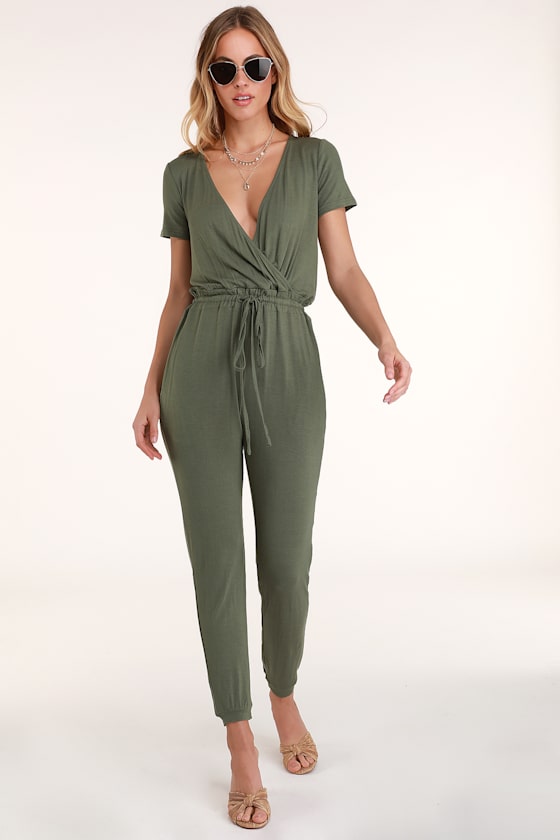 Cute Olive Green Jumpsuit Surplice Jumpsuit Tie Knot Jumpsuit Lulus