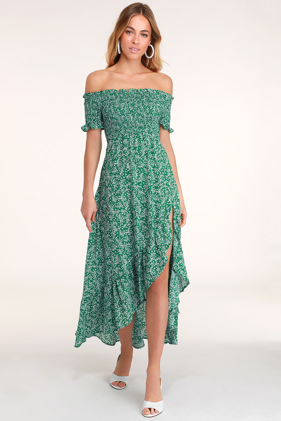 off the shoulder green midi dress