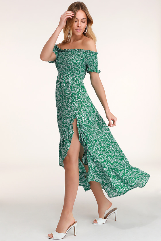 off shoulder green floral dress