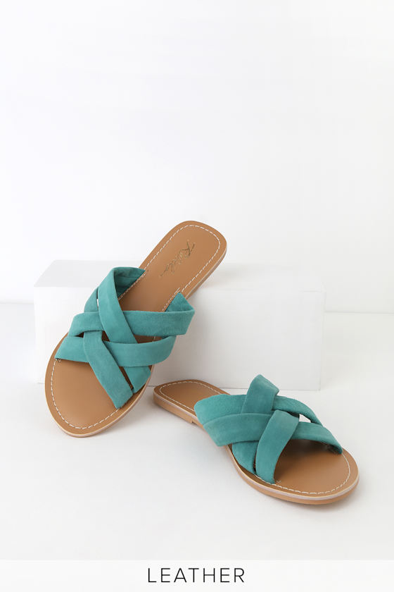 Joy Turquoise Suede Leather Slide Sandals 4