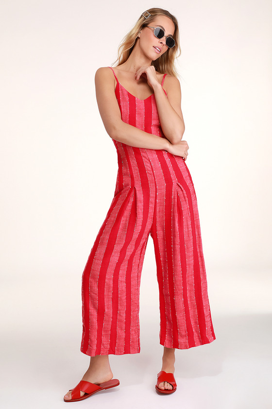 Red Striped Jumpsuit - Culotte Jumpsuit - Sleeveless Jumpsuit - Lulus