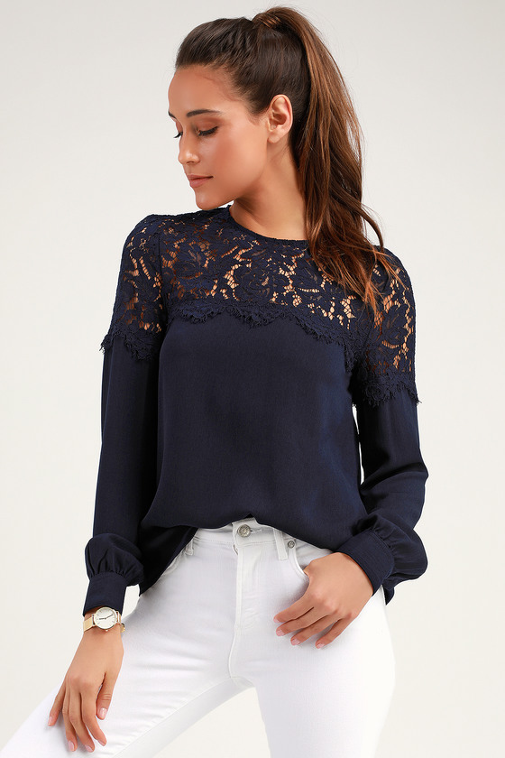 Lace Top - Navy Blue Shirt - Long Sleeve Top - Navy Blouse