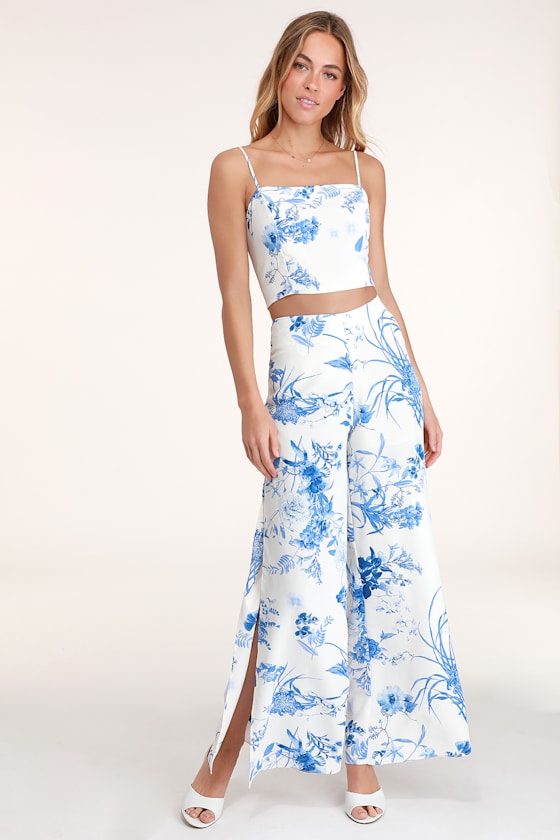 Tied Waist Slit Floral Wide leg Pants