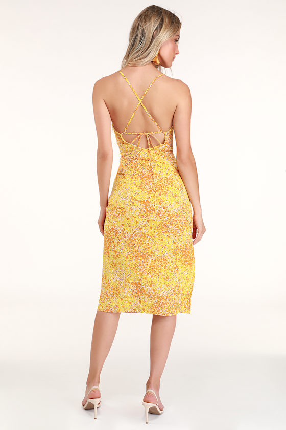 Cute Mustard Yellow Dress - Floral Print Dress - Midi Dress - Lulus