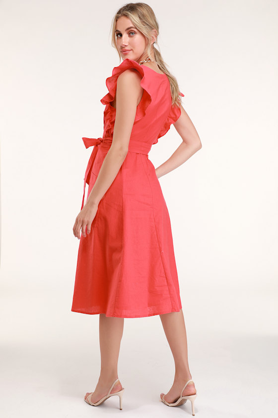 Sophie Coral Red Button-Up Midi Dress 4