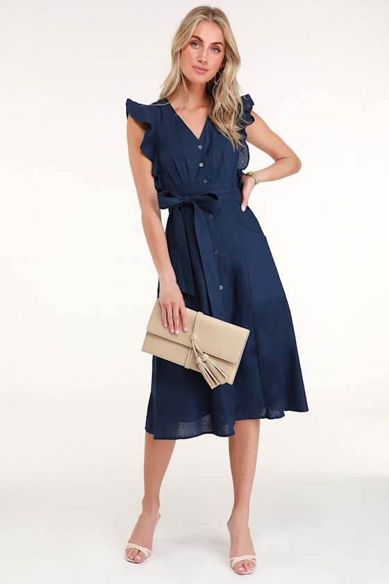 Sophie Navy Blue Button-Up Midi Dress 1