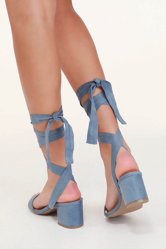 Blue Heels - Vegan Suede Heels - Lace-Up Heels - Block Heels