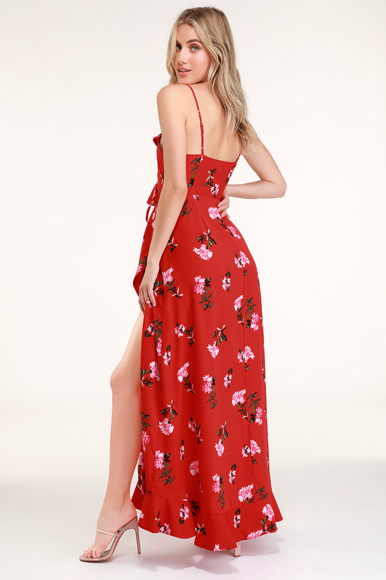 Red Floral Print Dress - Wrap Dress - Maxi Dress - Ruffled Dress