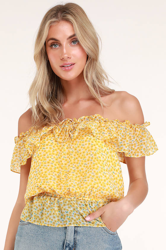 Lawton Yellow Floral Print Off-the-Shoulder Top 1
