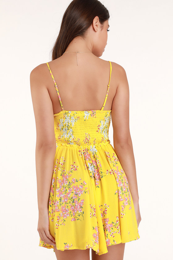 Cute Yellow Floral Dress - Smocked Mini Dress - Skater Dress - Lulus