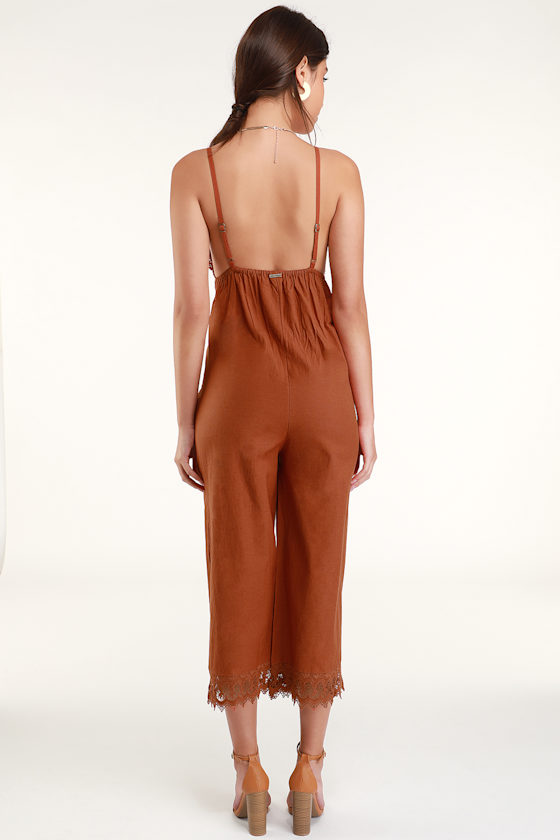 Billabong Lace and Lies Terra Cotta Jumpsuit Lace Jumpsuit Lulus