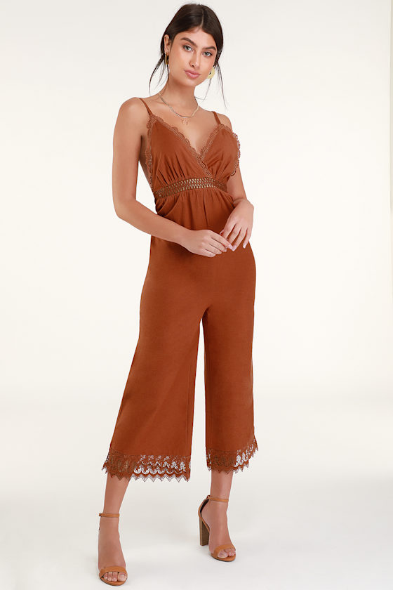 Billabong Lace and Lies Terra Cotta Jumpsuit Lace Jumpsuit Lulus