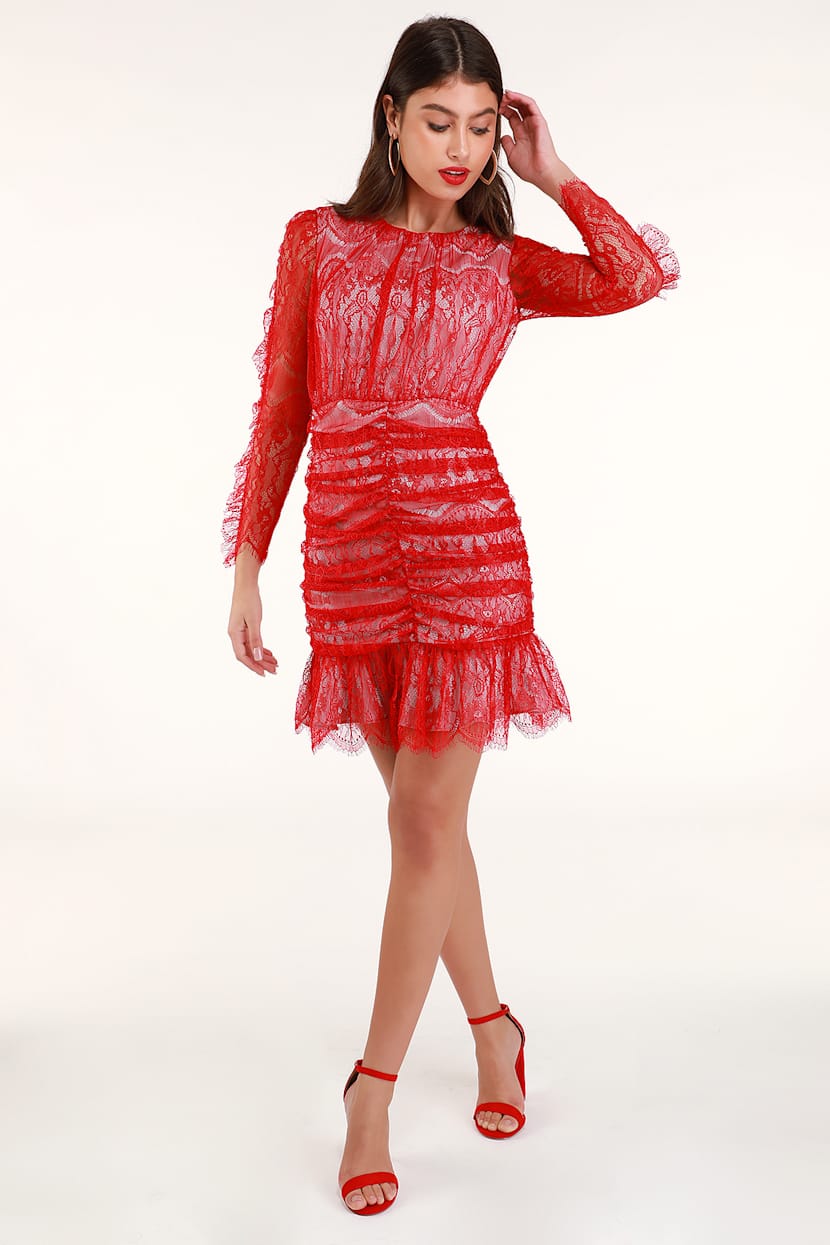 Lovely Red Lace Dress - Ruched Dress - Long Sleeve Dress - Lulus