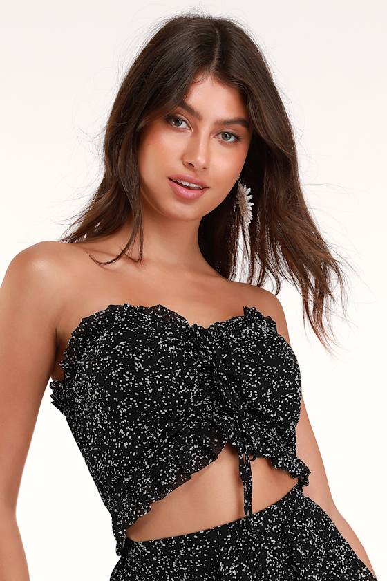 Annette Black Print Ruffled Strapless Crop Top 2