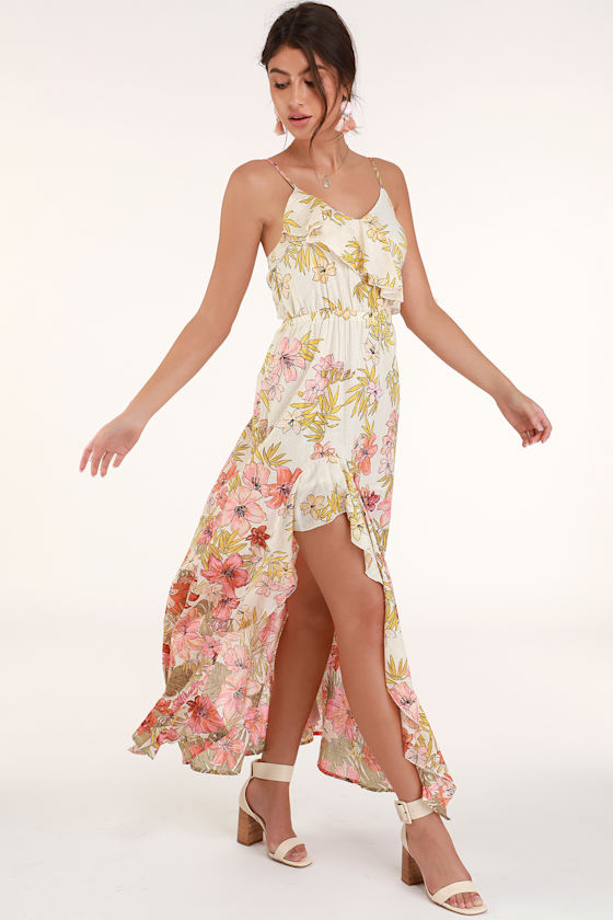 Hot Nights Beige Floral Print Ruffled Maxi Dress 3