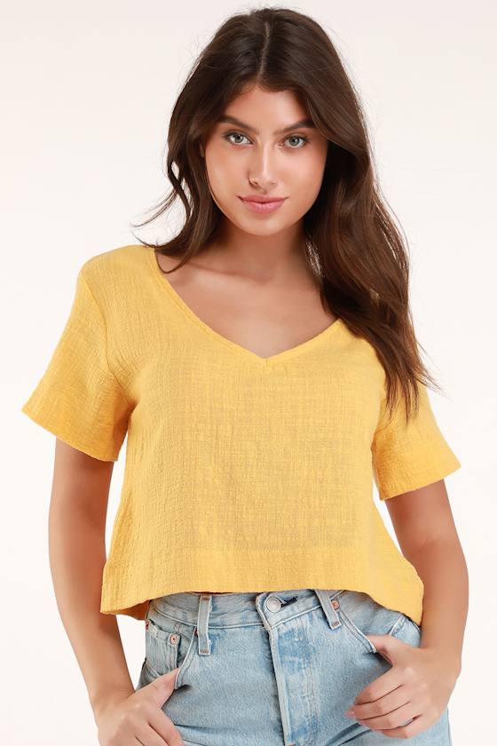 Golden Yellow Short Sleeve Top VNeck Linen Top Cropped Top Lulus