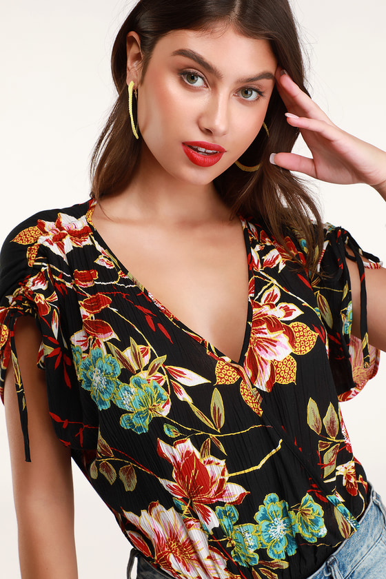 Montserrat Black Floral Print Surplice Bodysuit 2