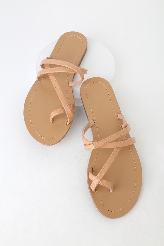 Cute Nude Patent Sandals - Patent Flat Sandals - Strappy Sandals - Lulus