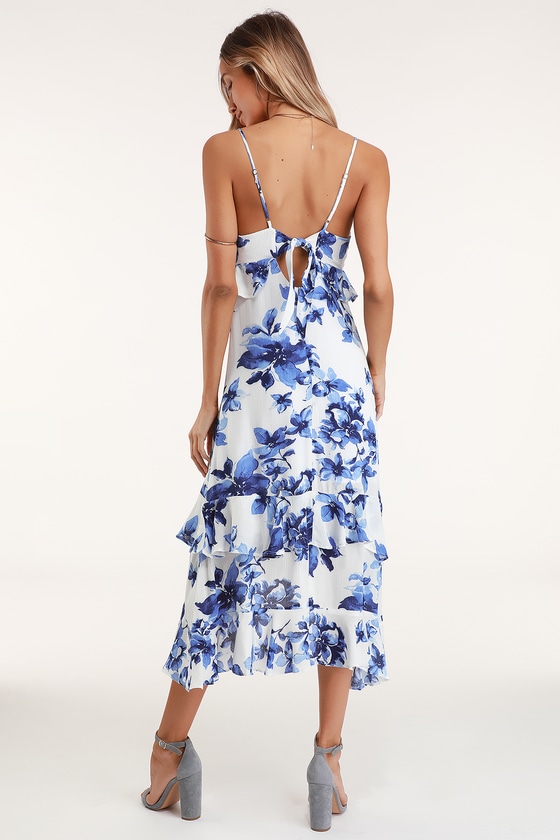 Blue and White Floral Print Dress - Midi Dress - Ruffled Dress