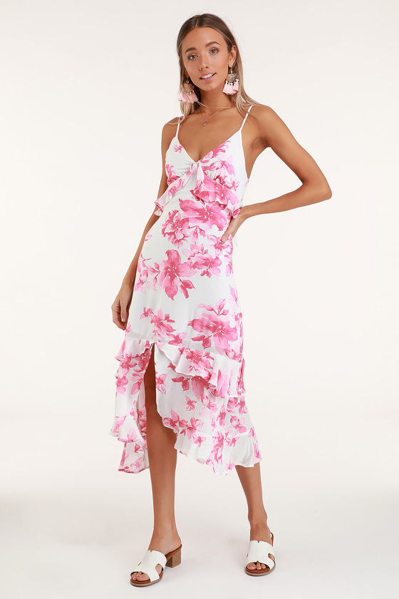 Pink and White Floral Print Dress - Midi Dress - Ruffled Dress - Lulus
