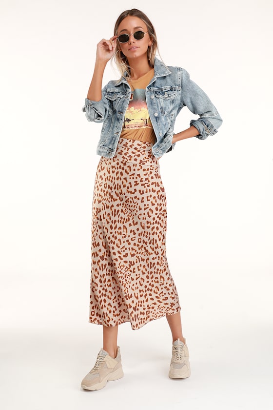 Normani Brown Leopard Print Satin Midi Skirt 1