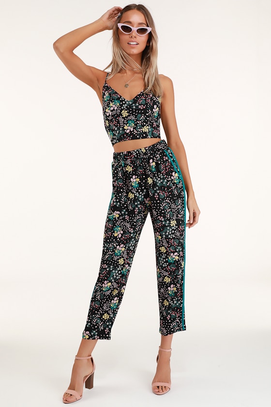 Boho Blooms Black Floral Print Pants 1